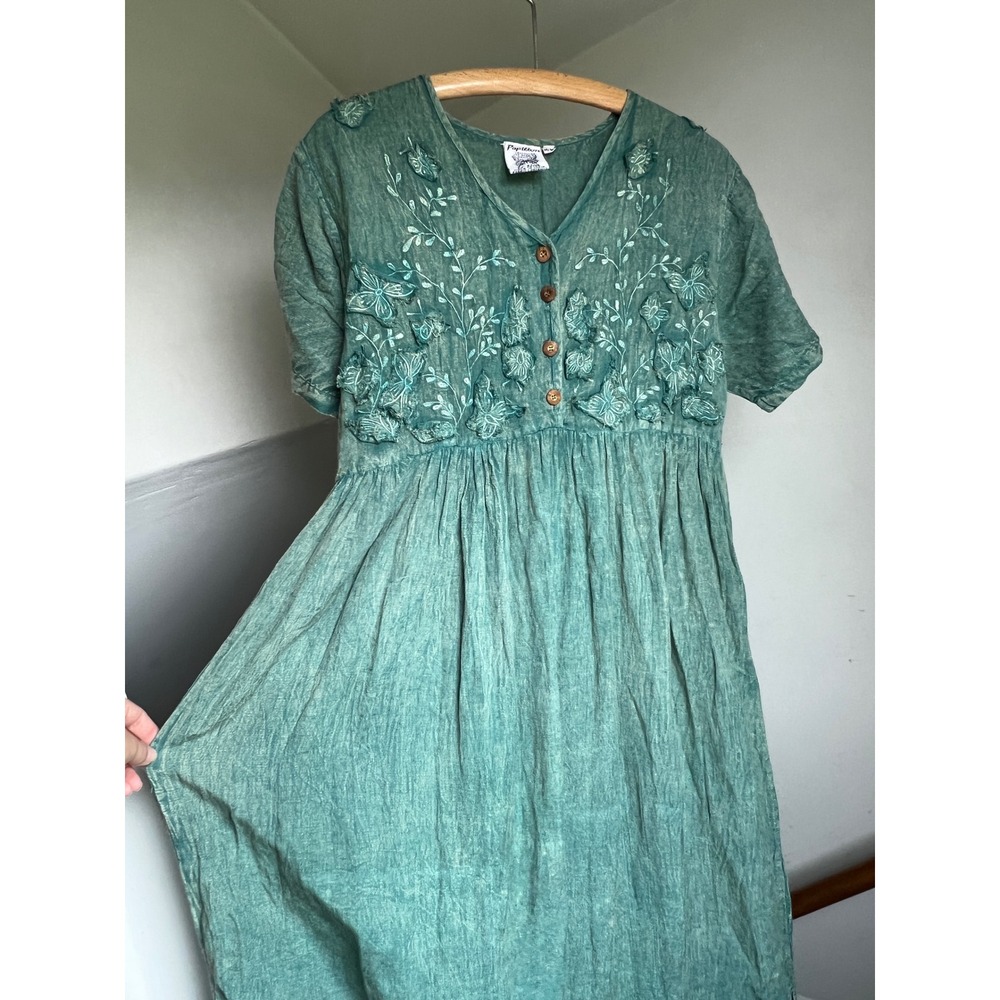 Vintage Papillon Maxi Dress M Teal Green Embroidered Butterfly Boho Rayon Fairy